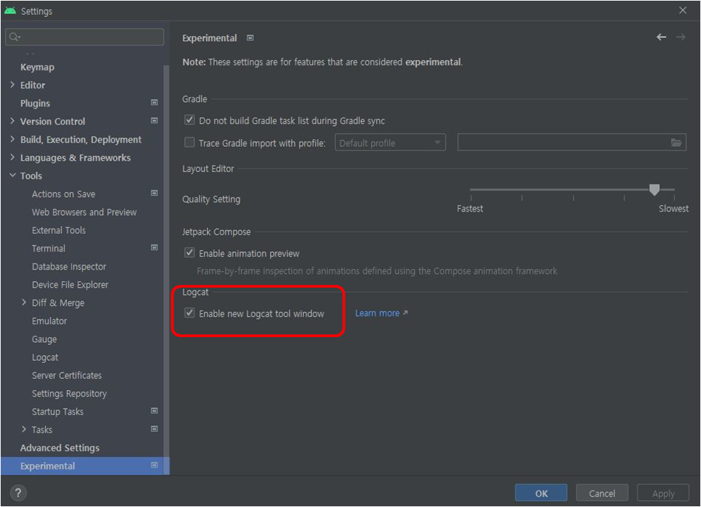enable new logcat tool window