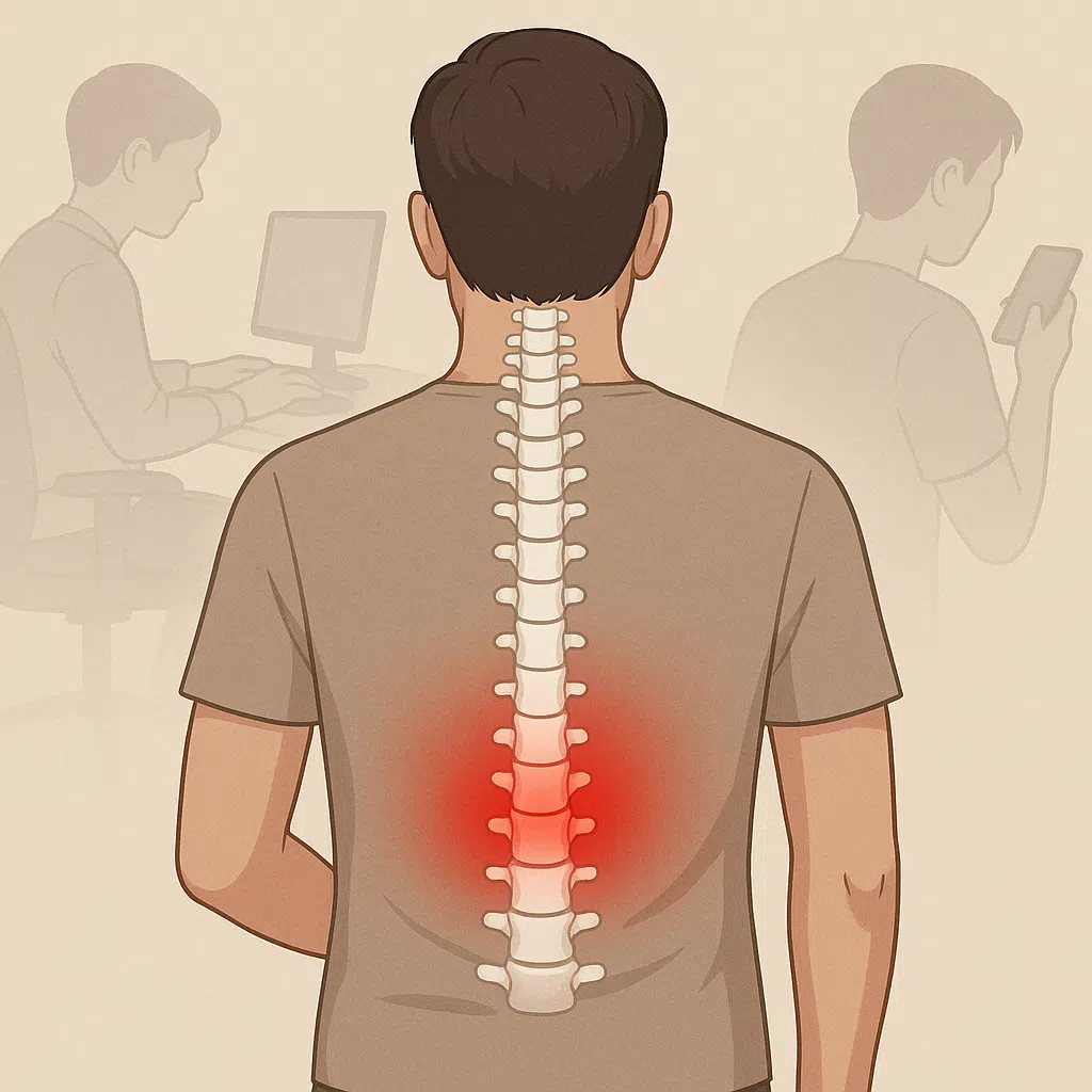 배경에는 장시간 컴퓨터 앞에 앉아 있는 현대인의 모습과 스마트폰을 들여다보는 사람의 뒷모습. 척추 중심에 빨간 통증 표시