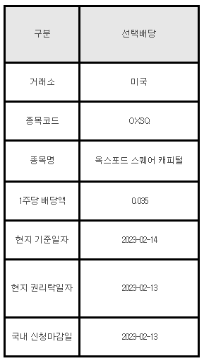 미국주식 선택배당 안내 OXSQ 옥스포드 스퀘어 캐피털