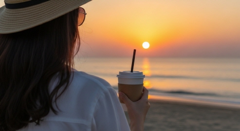 노을 진 저녁 해변에서 커피잔을 든 사람의 뒷모습