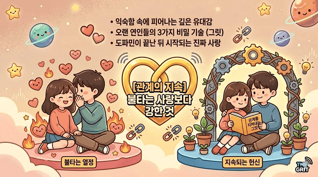 "[관계의 지속] 불타는 사랑보다 강한 것: 도파민이 넘치는 초기 연인의 모습과 책을 읽으며 단단한 유대감을 쌓아가는 오랜 연인의 모습을 비교 시각화한 '더 그릿' 블로그 썸네일"