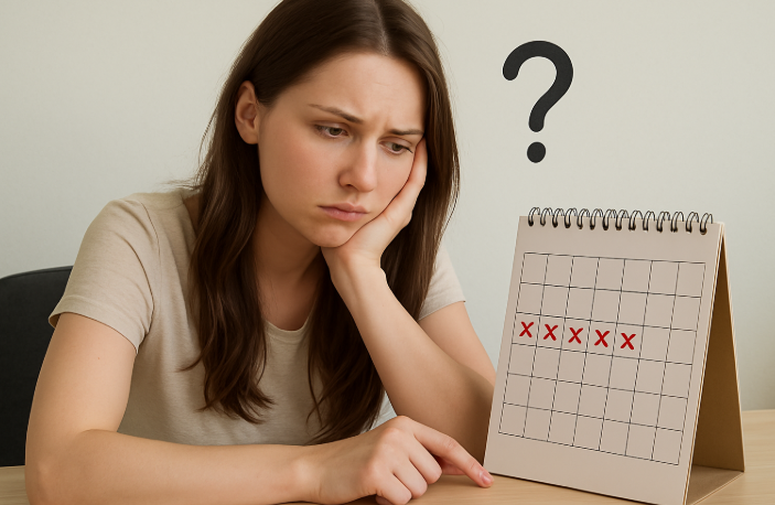 불규칙한 생리 날짜에 걱정하고 있는 여자 사진