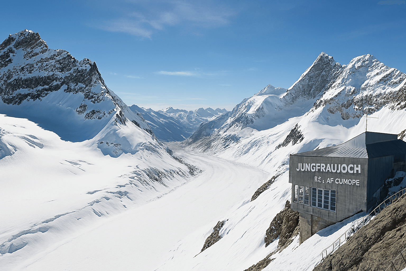 푸른 하늘 아래 눈부신 만년설로 덮인 융프라우요흐 정상에서 바라본 웅장한 알프스 파노라마. 깃발과 함께 펼쳐진 설경이 시원하게 보인다.