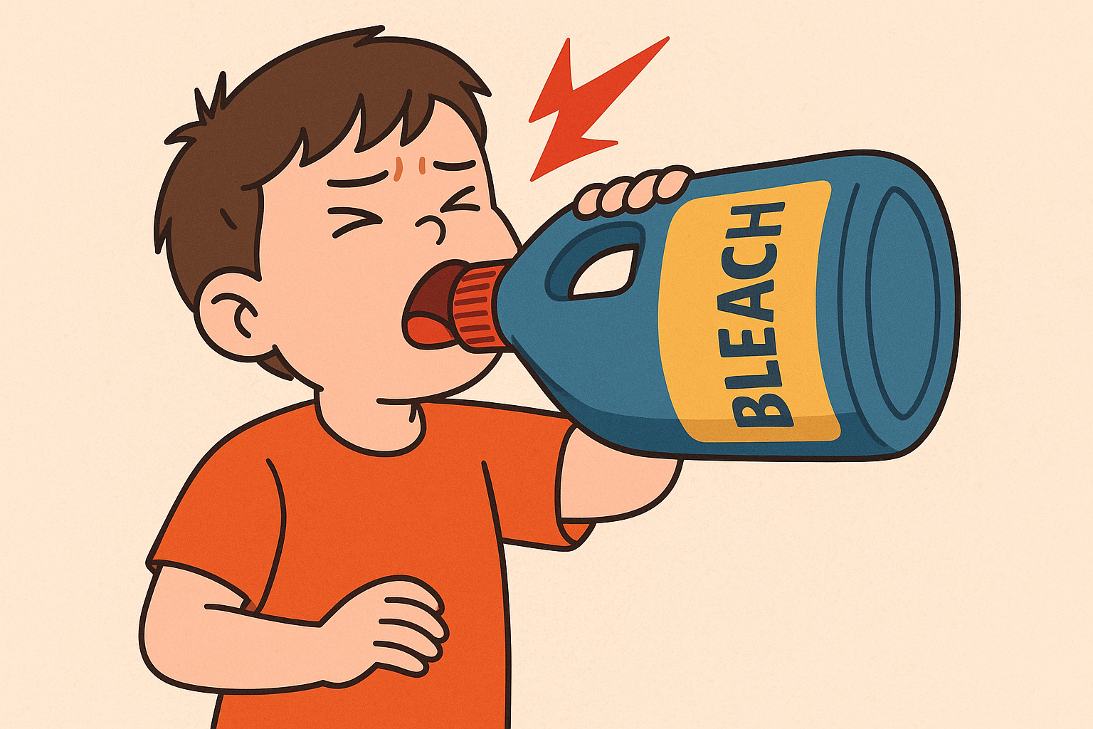 아이 또는 어린이가 락스를 실수로 마시는 장면을 표현한 경고 일러스트 – 음료병과 혼동하여 생긴 사고 묘사