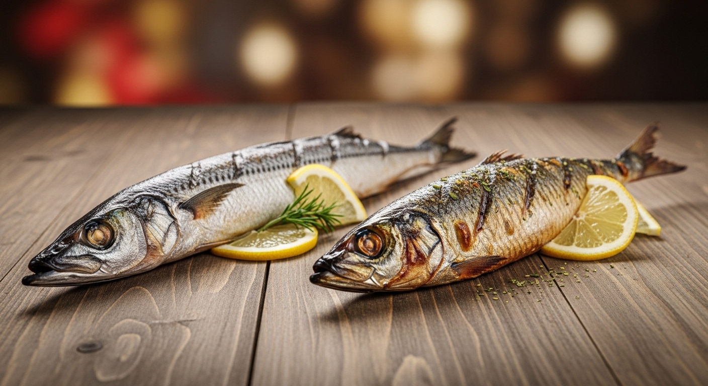 갓 구운 제철 꽁치와 청어 구이, 레몬 가니쉬와 함께 놓인 모습.