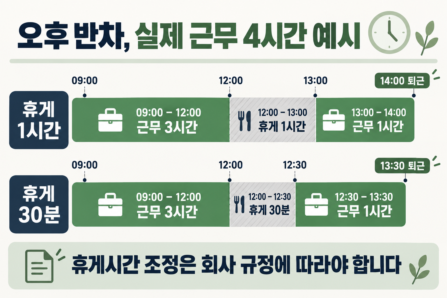 9시 출근 후 휴게 1시간이면 14시, 30분이면 13시30분에 실제 근무 4시간이 되는 예시