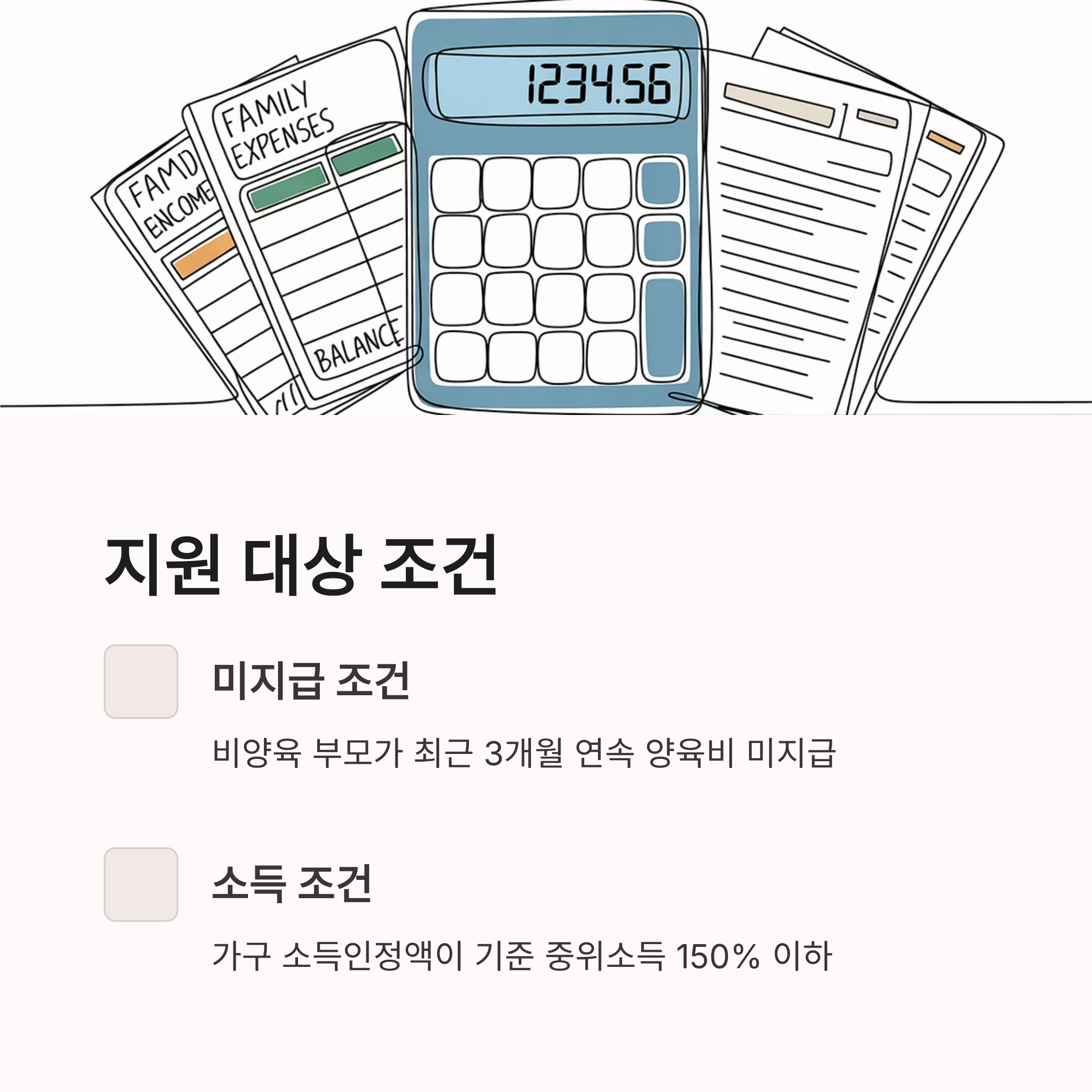 양육비 선지급제의 지원 대상 조건을 설명한 이미지. 최근 3개월 양육비 미지급과 가구 소득이 중위소득 150% 이하일 경우 지원 가능함을 명시.