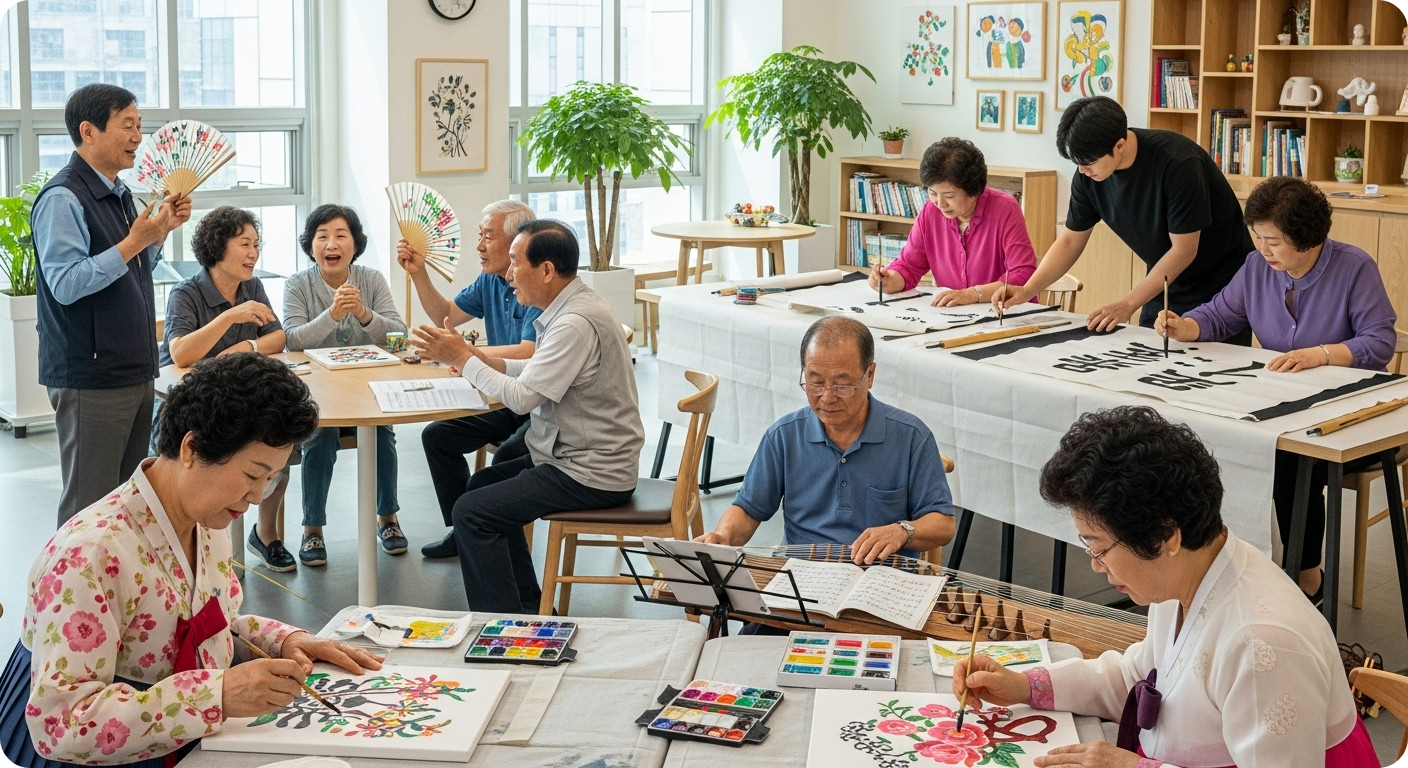 활기찬 노후 생활과 문화 여가 지원을 보여주는 한국 어르신들이 함께 취미 활동에 참여하는 모습.