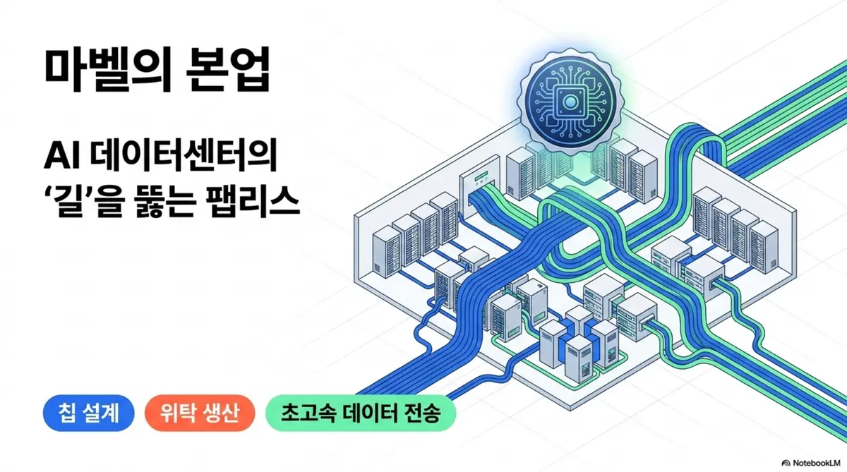 마벨 테크놀로지가 칩 설계와 위탁 생산, 초고속 데이터 전송을 담당하는 팹리스 반도체 기업으로 AI 데이터센터 안에서 데이터가 흐르는 길을 설계함을 보여주는 웹배너 이미지. 직접 공장을 두지 않고 설계에 집중하며 GPU 사이를 잇는 연결 인프라를 만든다는 마벨의 본업과 사업 구조를, 블로그의 마벨 테크놀로지 주가 전망 분석과 관련해 설명함.