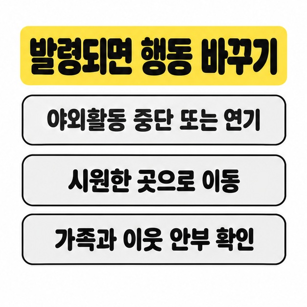 야외활동 중단 또는 연기와 시원한 곳으로 이동 및 가족과 이웃의 안부 확인을 세 줄로 정리한 카드