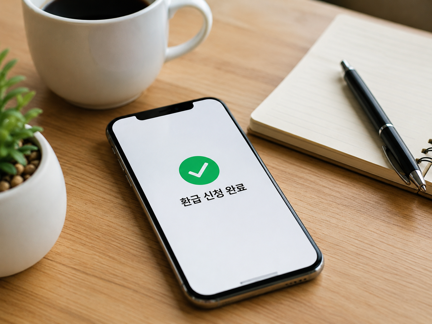 환급 신청 완료 스마트폰과 데스크 소품