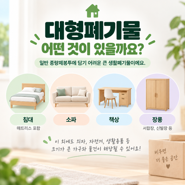 침대 소파 책상 장롱 등 종량제봉투에 담기 어려운 대표적인 대형폐기물 종류를 안내하는 이미지