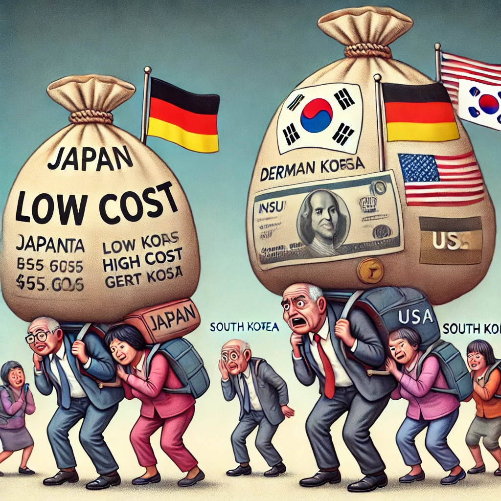 이그림은 각나라별 국민 개인이 부담하는 보험료를 풍자한 내용입니다.