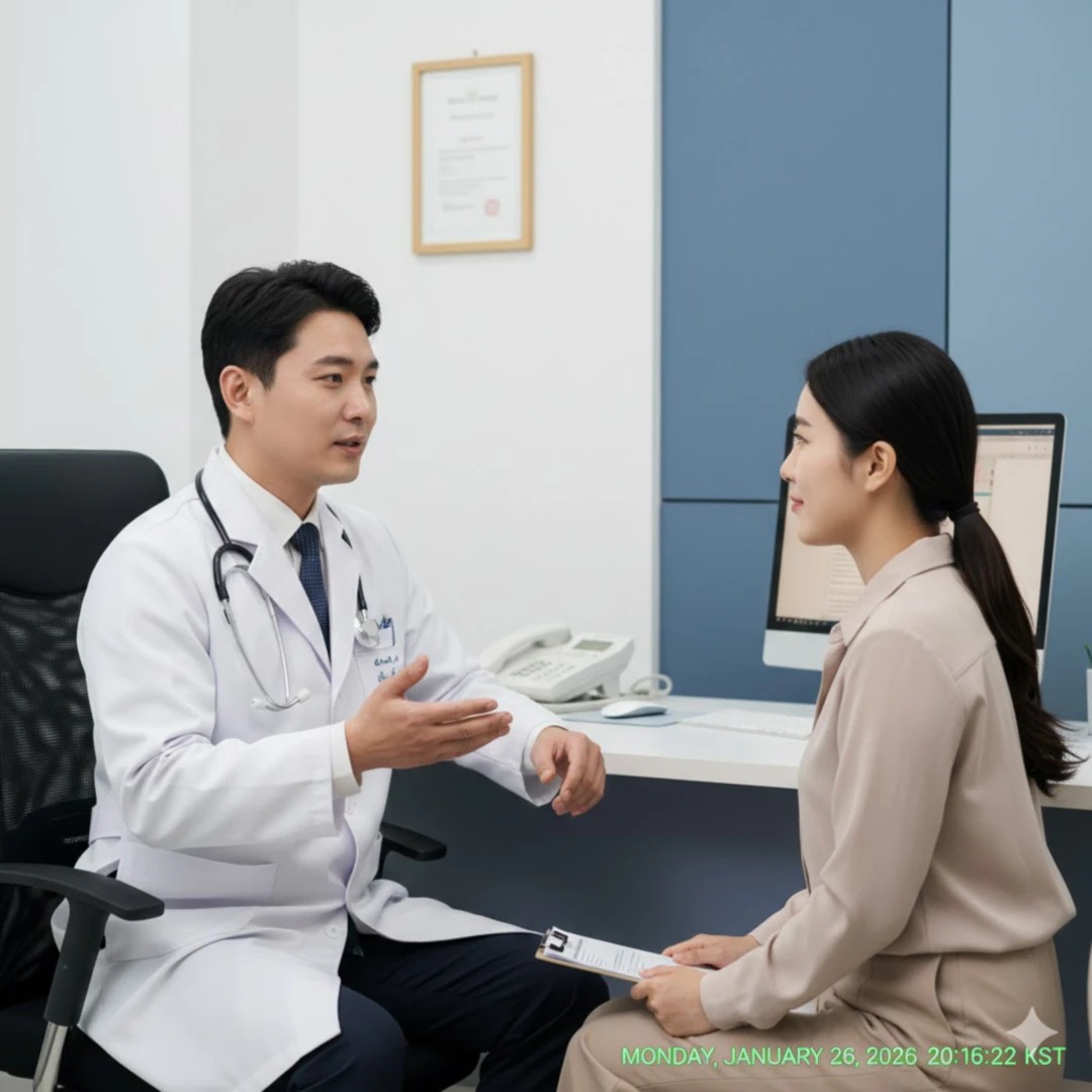 의사와 환자가 마주 앉아 상담하는 모습&amp;#44; 또는 환자가 병원에서 진료를 기다리는 모습을 표현합니다. 신뢰감을 주는 색감과 전문가적인 분위기를 연출하여 필요한 경우 의료기관 방문을 권장합니다.