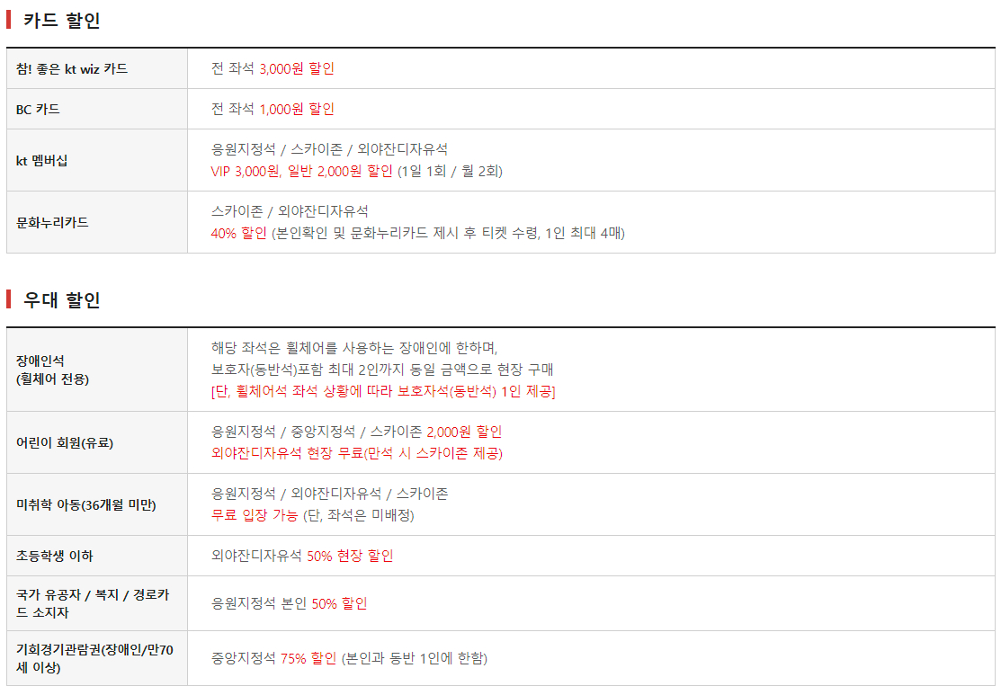 KT위즈 KT위즈파크 입장권 요금, 티켓 가격 할인