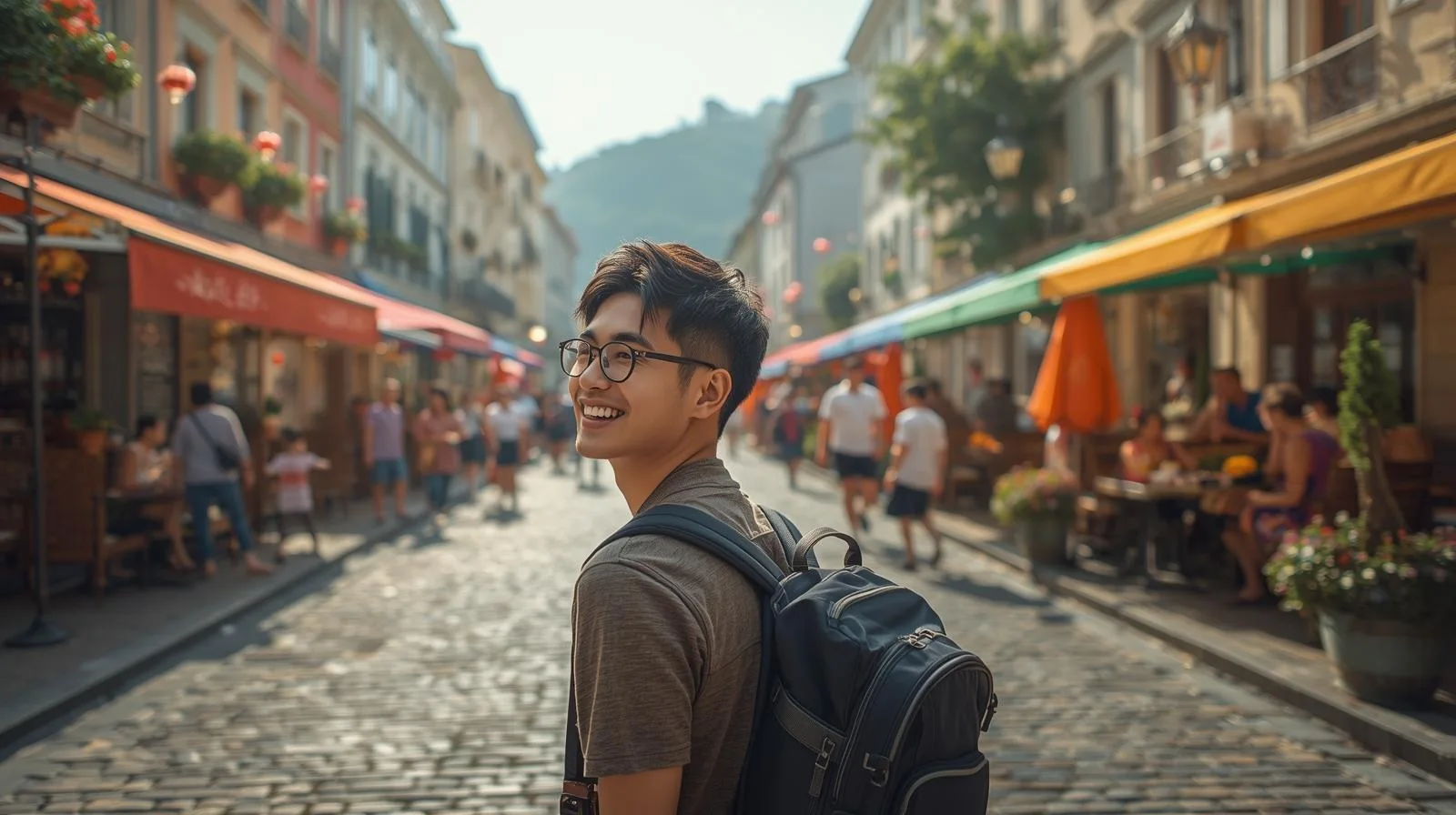 배낭을 멘 젊은 남자가 밝은 표정으로 주변을 둘러보며 혼자여행을 즐기는 모습