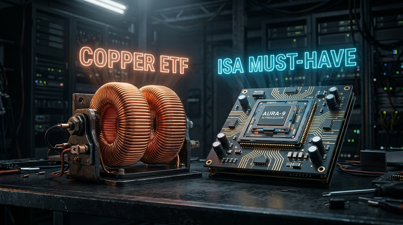 번쩍이는 구리 코일과 AI 칩셋이 나란히 놓여 있고, 그 위로 'ISA 필수템'과 '구리 ETF 2종 비교'라는 문구가 강렬하게 박힌 3D 일러스트