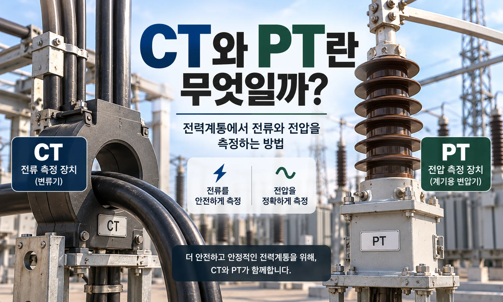 CT와 PT를 이용해 전력계통의 전류와 전압을 측정하는 방법을 설명한 대표 이미지