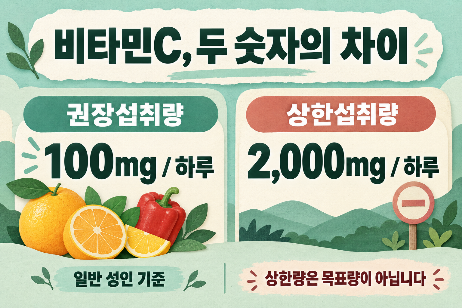 비타민C 성인 하루 권장섭취량 100mg과 상한섭취량 2000mg 비교