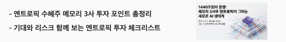엔트로픽 투자 삼성전자 SK하이닉스: '엔트로픽 수혜주 메모리 3사 투자 포인트 총정리'라는 문구가 포함된 웹배너 이미지. 이 이미지는 삼성전자&middot;SK하이닉스&middot;마이크론 등 엔트로픽 수혜주의 기대 요인과 점검 요인을 시각적으로 전달하며, 블로그의 투자자 관점 분석과 관련된 내용을 설명함