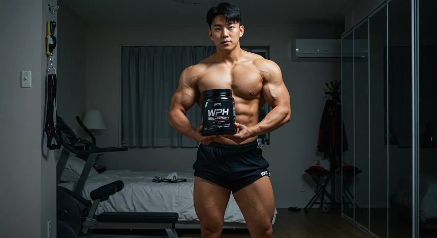방안에서 WPH 웨이 프로틴을 들고있는 보디빌더