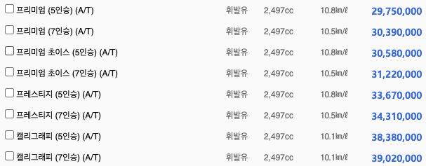 더 뉴 싼타페 가솔린 가격표