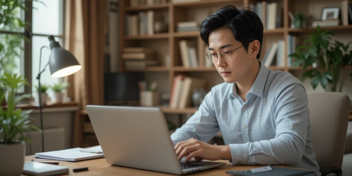 노트북으로 택배비 지원사업 확인 중인 소상공인의 모습