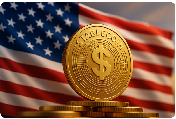 미국 국기 앞에 선 스테이블코인
