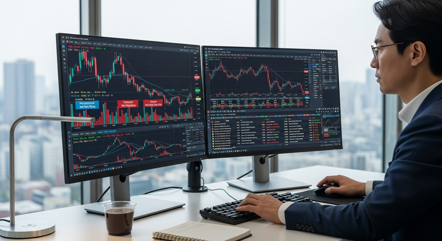 외국인과 기관 수급 데이터를 분석하며 투자 전략을 수립하는 한국의 주식 투자자