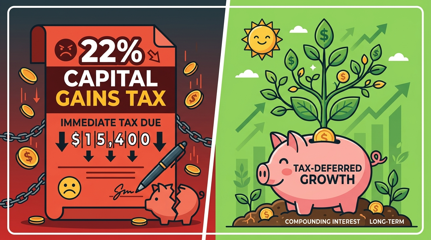 미국 주식 직접 투자 시의 22% 양도소득세 고지서와 국내 연금 계좌의 절세 혜택을 대비한 그래픽