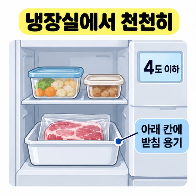 4도 이하로 표시된 냉장고에서 위쪽 음식과 분리해 아래 칸 받침 용기에 밀봉한 고기를 놓은 모습