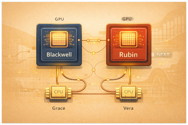 블랙웰 GPU와 루빈 GPU, 그레이스&middot;베라 CPU의 관계를 보여주는 개념 일러스트