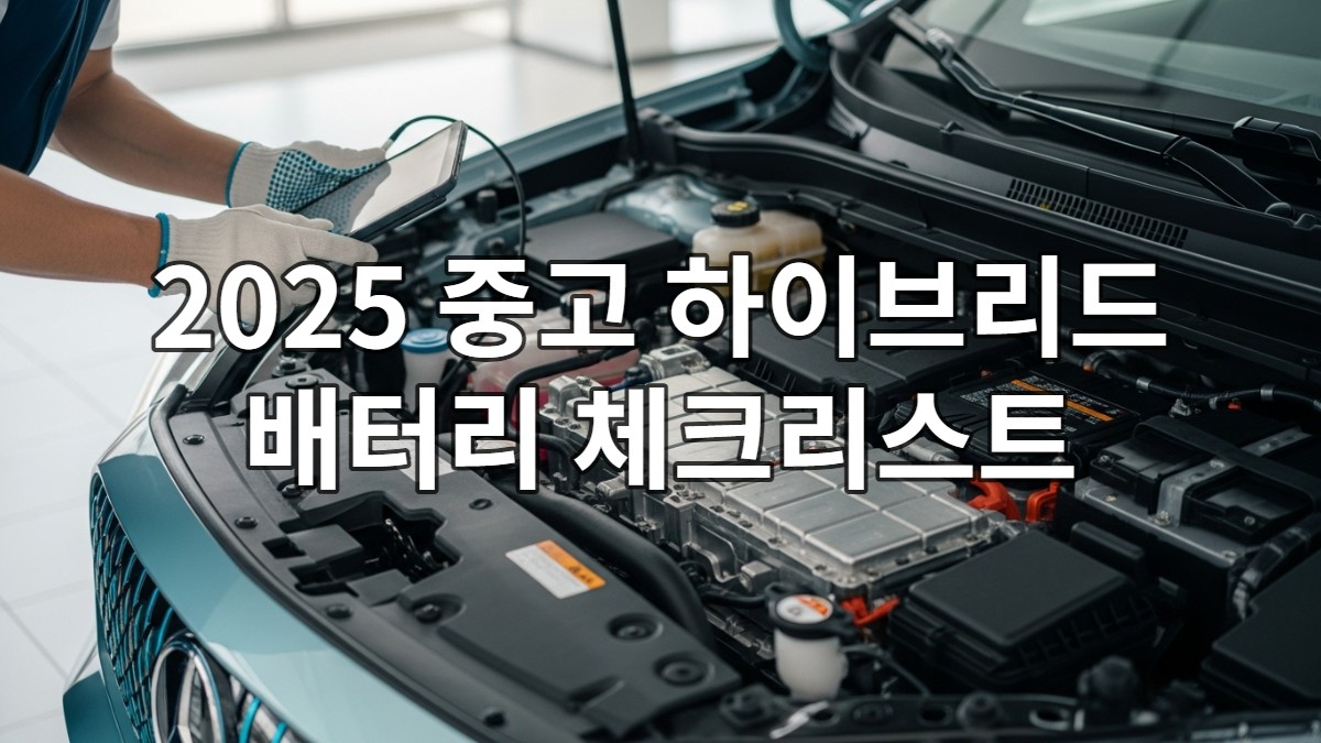 전문가가 태블릿 진단 장비를 이용하여 2025년형 중고 하이브리드차의 고전압 배터리 상태를 꼼꼼히 점검하는 모습.