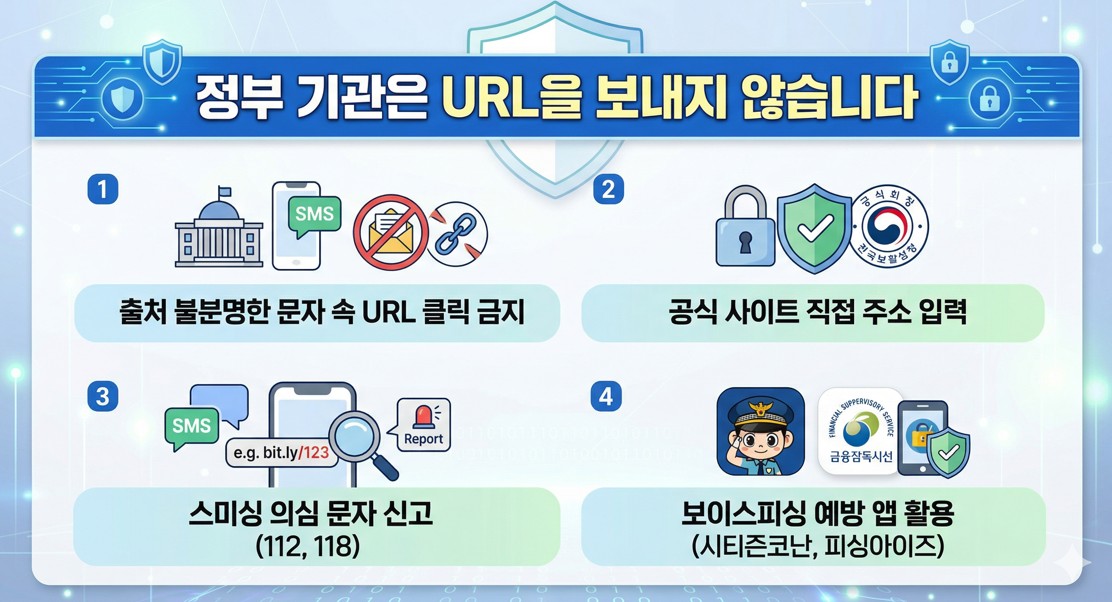 '정부 기관은 URL을 보내지 않습니다'라는 문구가 적힌 깔끔한 인포그래픽 스타일 이미지.