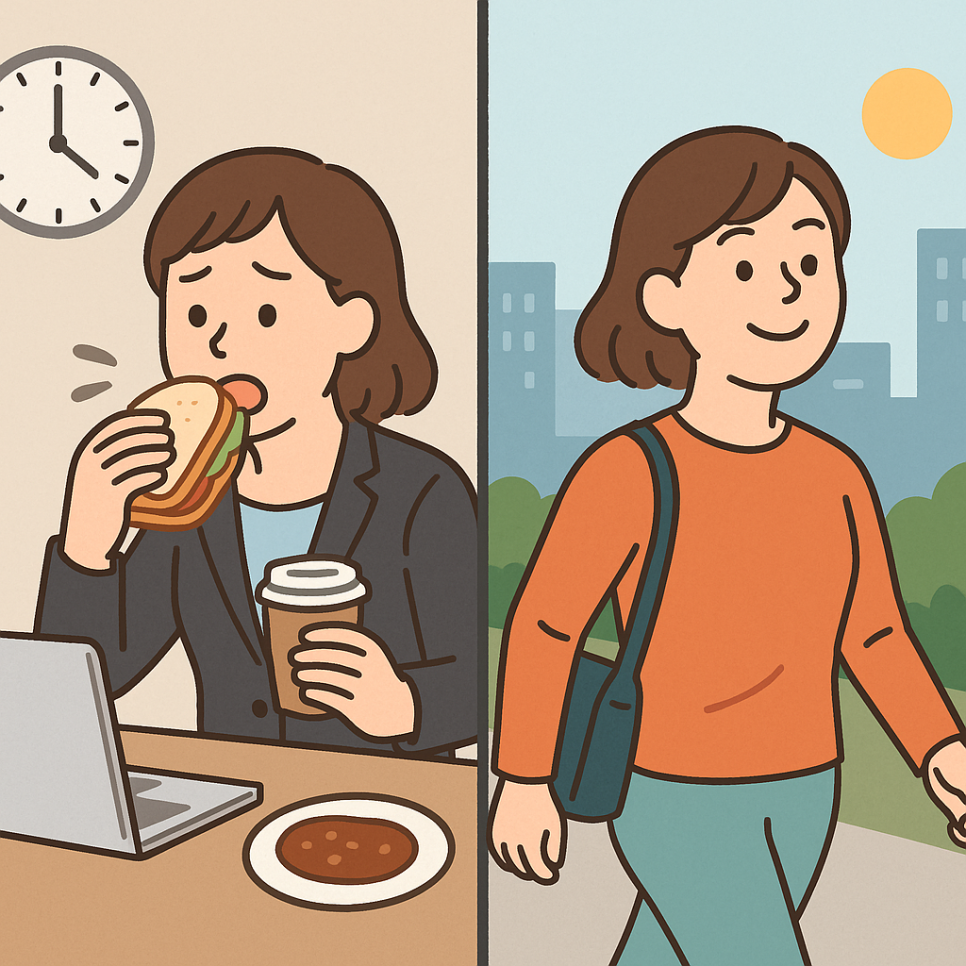 직장인이 다이어트 실패하는 원인과 해결 방법이 담긴 이미지.