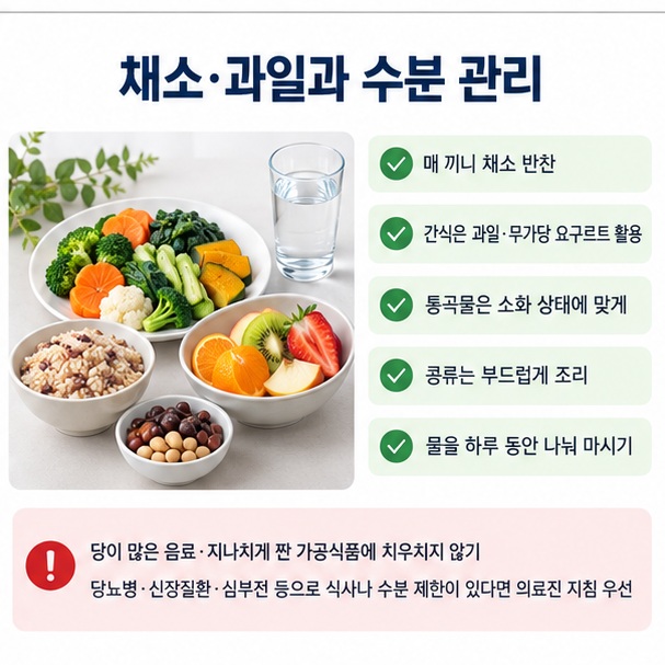 채소 과일 통곡물 콩류와 물을 하루 식사에 나눠 섭취하는 방법을 보여주는 이미지