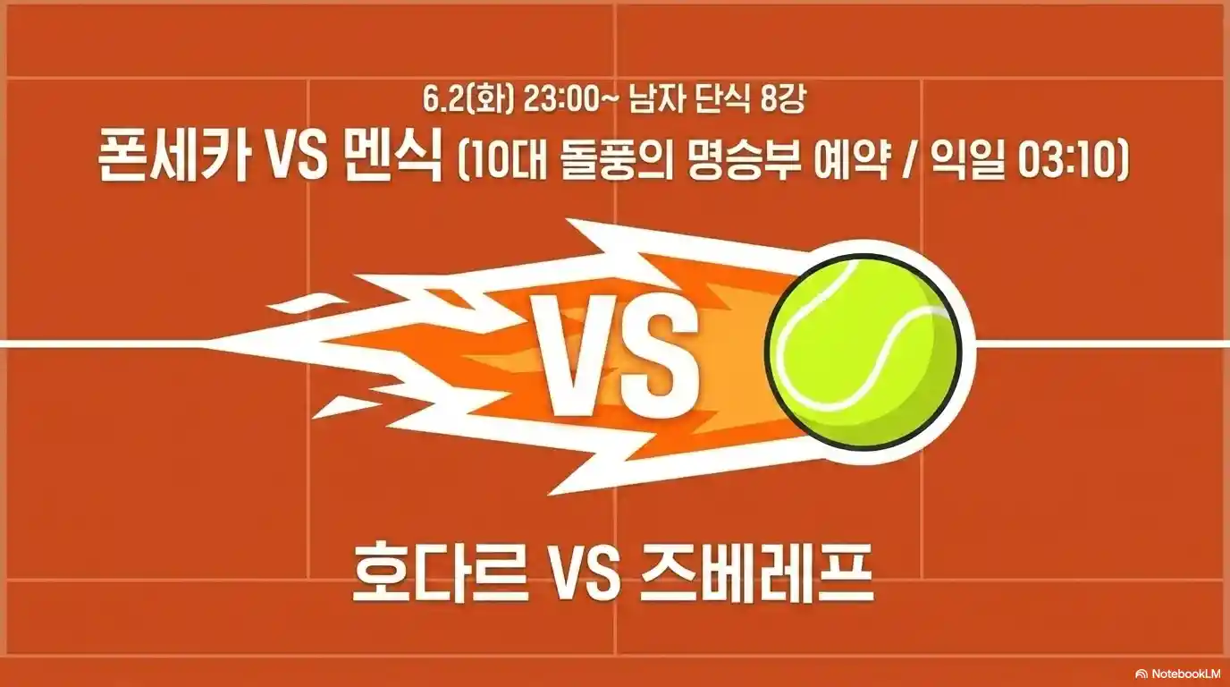 2026 롤랑가로스 남자 단식 8강 대진표 - 6월 2일(화) 23시 폰세카 vs 멘식, 호다르 vs 즈베레프