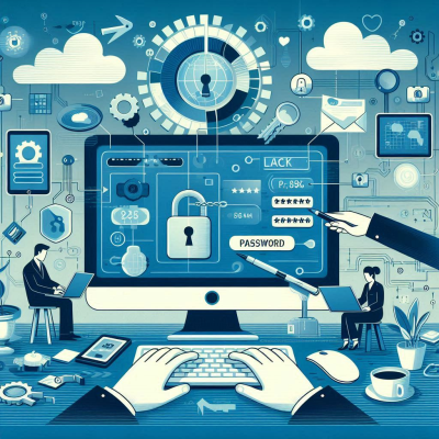 보안 시스템을 관리하는 컴퓨터 화면과 키보드.