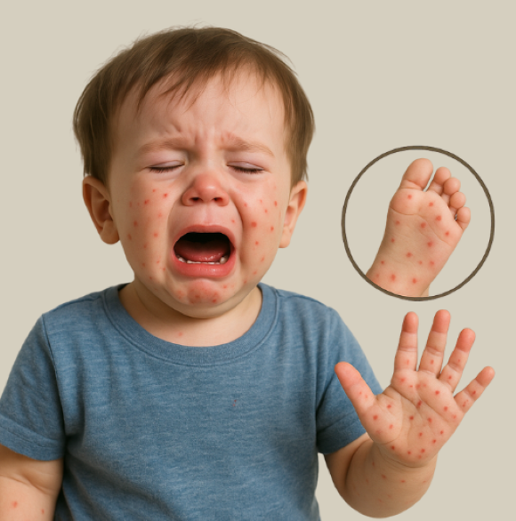 수족구병 증상으로 얼굴, 손, 발에 붉은 발진이 생겨 울고 있는 유아