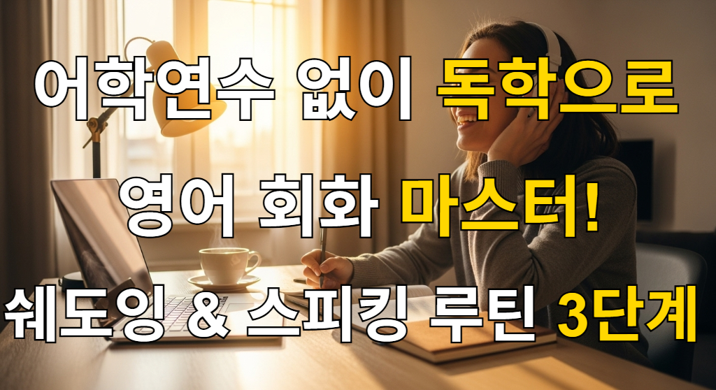집에서 헤드폰을 끼고 노트북으로 독학 영어 회화 공부를 하며 미소 짓는 사람의 모습.