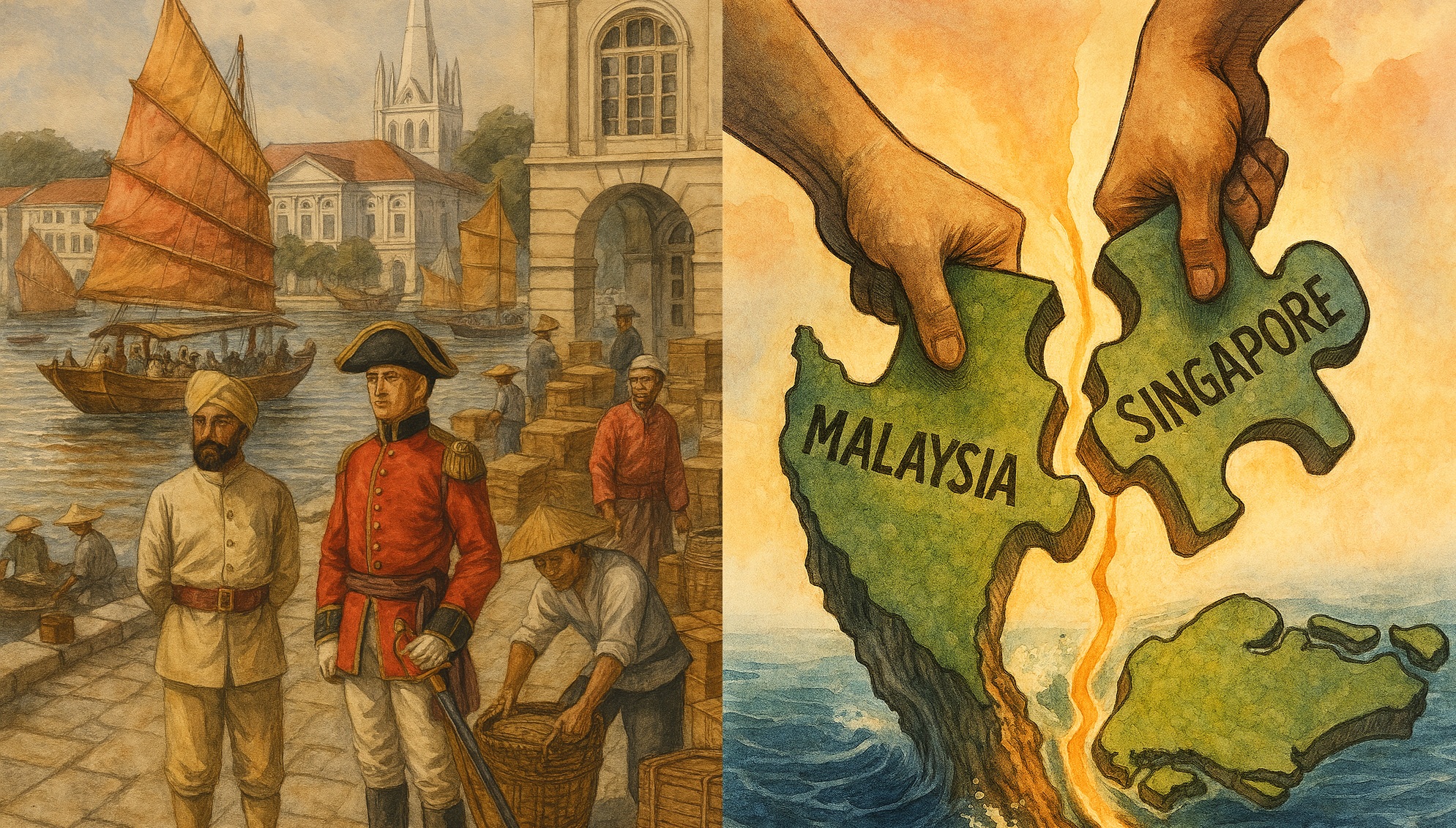 싱가포르의 영국 식민지배 시대부터 말레이시아와의 분리를 나타낸 삽화