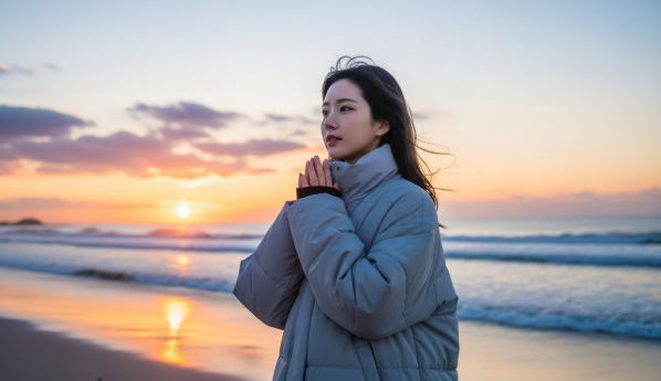 해변가에서 패딩을 입고 손을 모으고 있는 모습