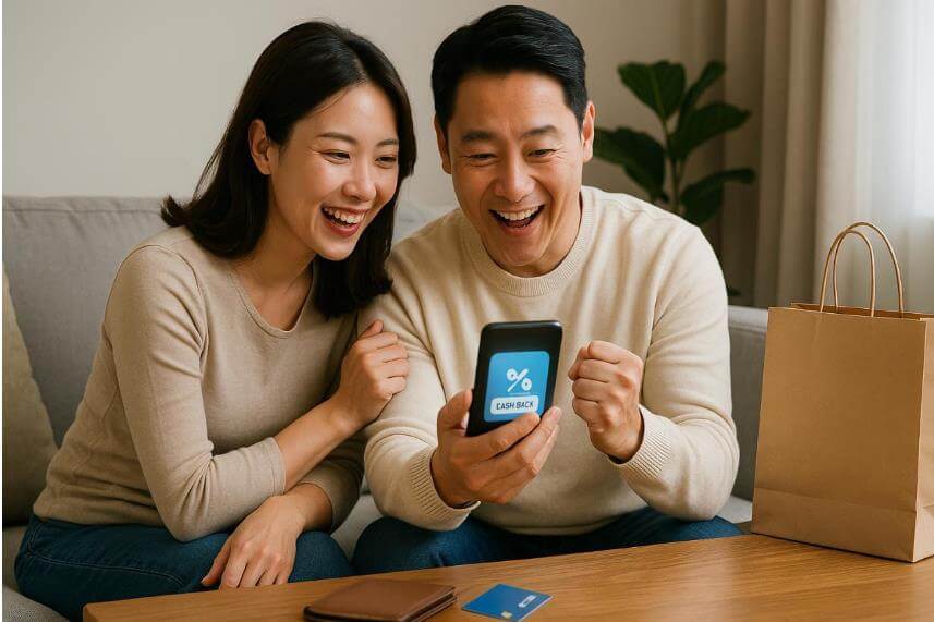 스마트폰 앱으로 생활 속 교통비 절약 기회를 확인하는 가족 장면