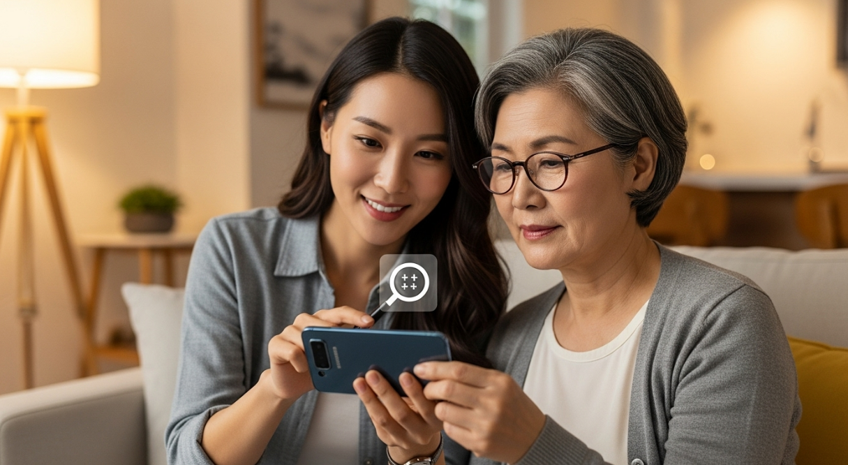30대 한국인 딸이 60대 어머니와 함께 갤럭시 스마트폰을 들고 웹페이지의 작은 글씨를 돋보기 모양의 아이콘으로 확대하는 모습. 딸은 미소 짓고, 어머니는 안경을 쓰고 편안하게 화면을 바라본다. 배경은 따뜻하고 현대적인 거실
