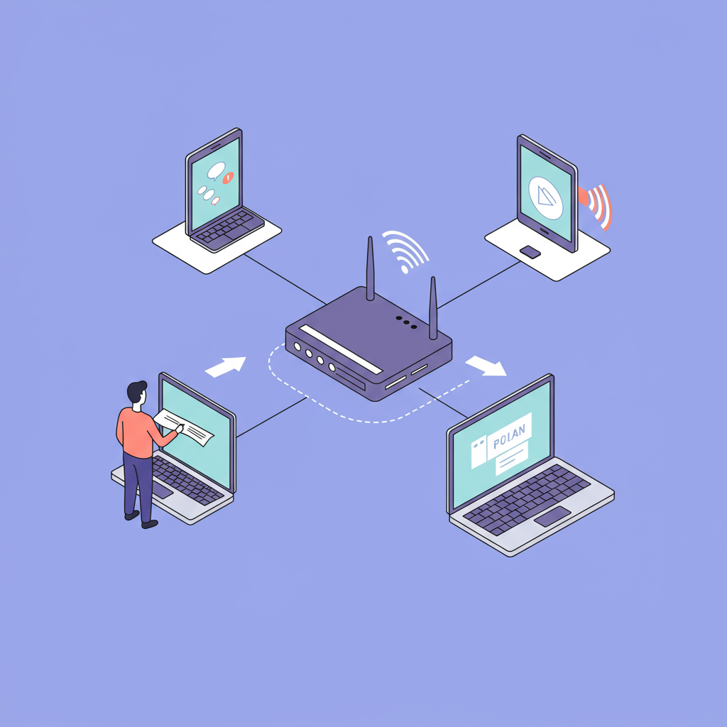 집에서 인터넷 속도를 개선하는 다양한 방법을 나타내는 미니멀리즘 그림