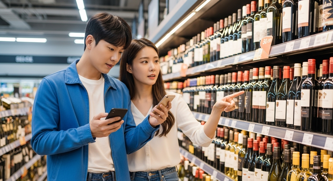 마트에서 와인을 고르는 커플