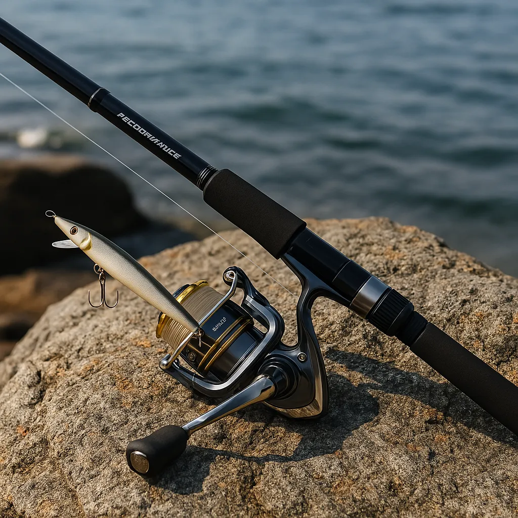 바닷가 바위 위에 놓인 스피닝 릴과 미노우 루어 낚싯대