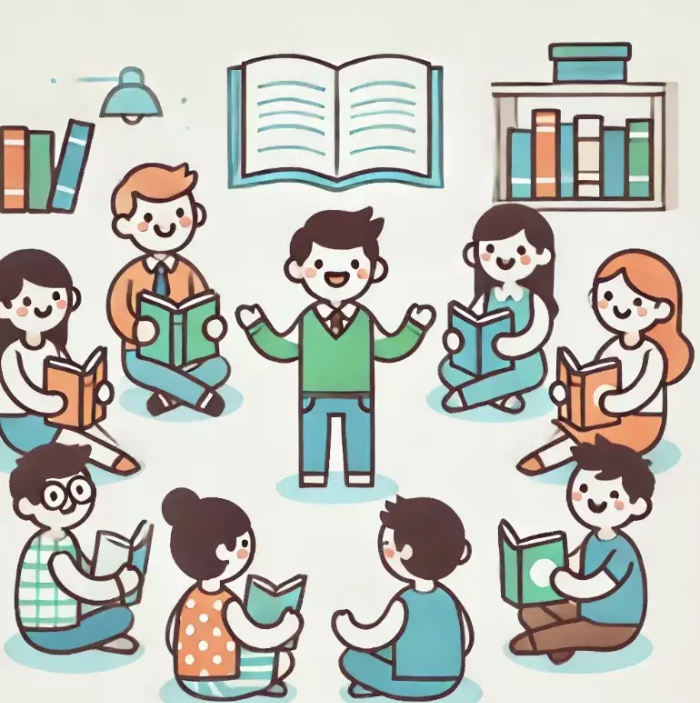 원형으로 앉아 책을 들고 활발히 토론을 나누는 학생들. 각 학생이 행복하고 관심 있는 표정을 짓고 있으며, 한 학생이 아이디어를 공유하며 손짓을 하고 있습니다. 배경은 최소화되어 있지만 책장과 몇 권의 책이 있어 학습 환경을 나타냅니다. 학생들 간의 협력적이고 즐거운 독서 토론의 분위기를 강조하는 단순한 일러스트.