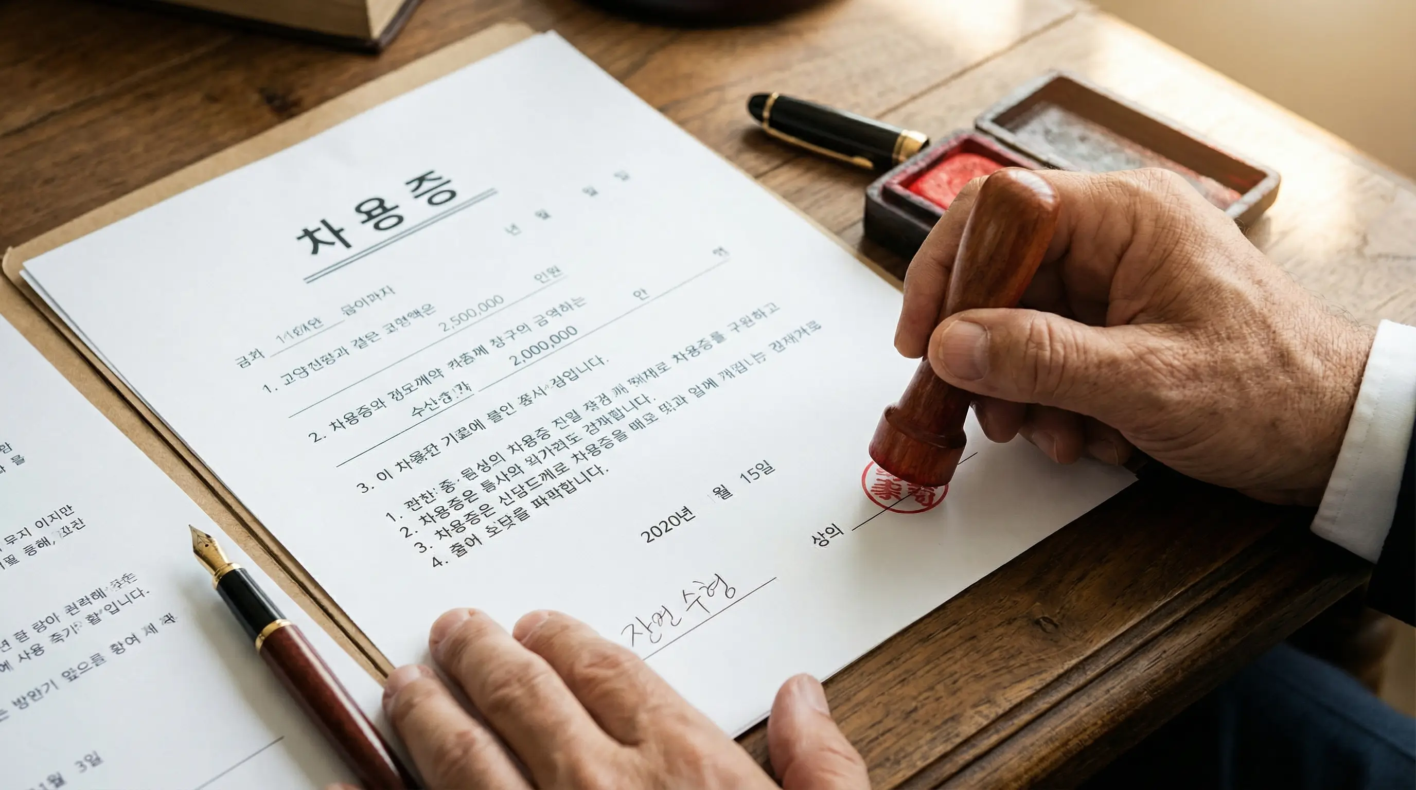 차용증 서류에 도장을 찍으며 법적으로 안전하게 금전 거래를 약속하는 손의 클로즈업