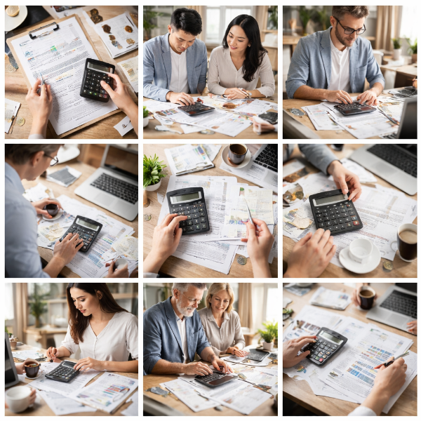 계산기로 서류를 보면서 계산하는 모습